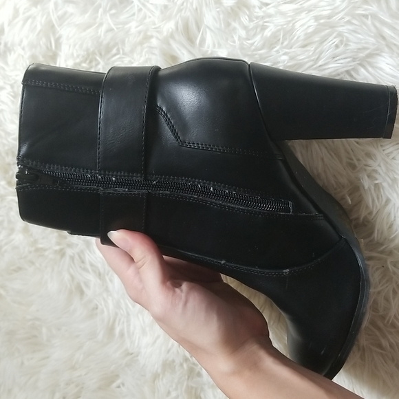 Mark. Black Buckle High Heel Almond Toe Ankle Booties - Picture 3 of 5